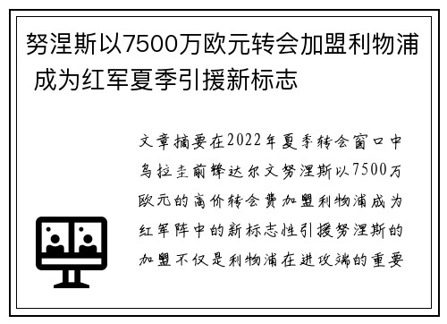 努涅斯以7500万欧元转会加盟利物浦 成为红军夏季引援新标志